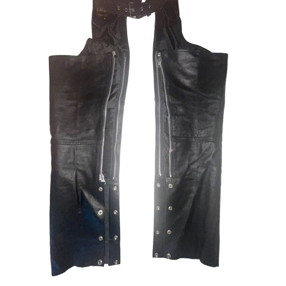 Adult S Black Leather Motorcycle Riding Chaps Adjustable Belt Snap Closure 30-34 - Picture 5 of 14